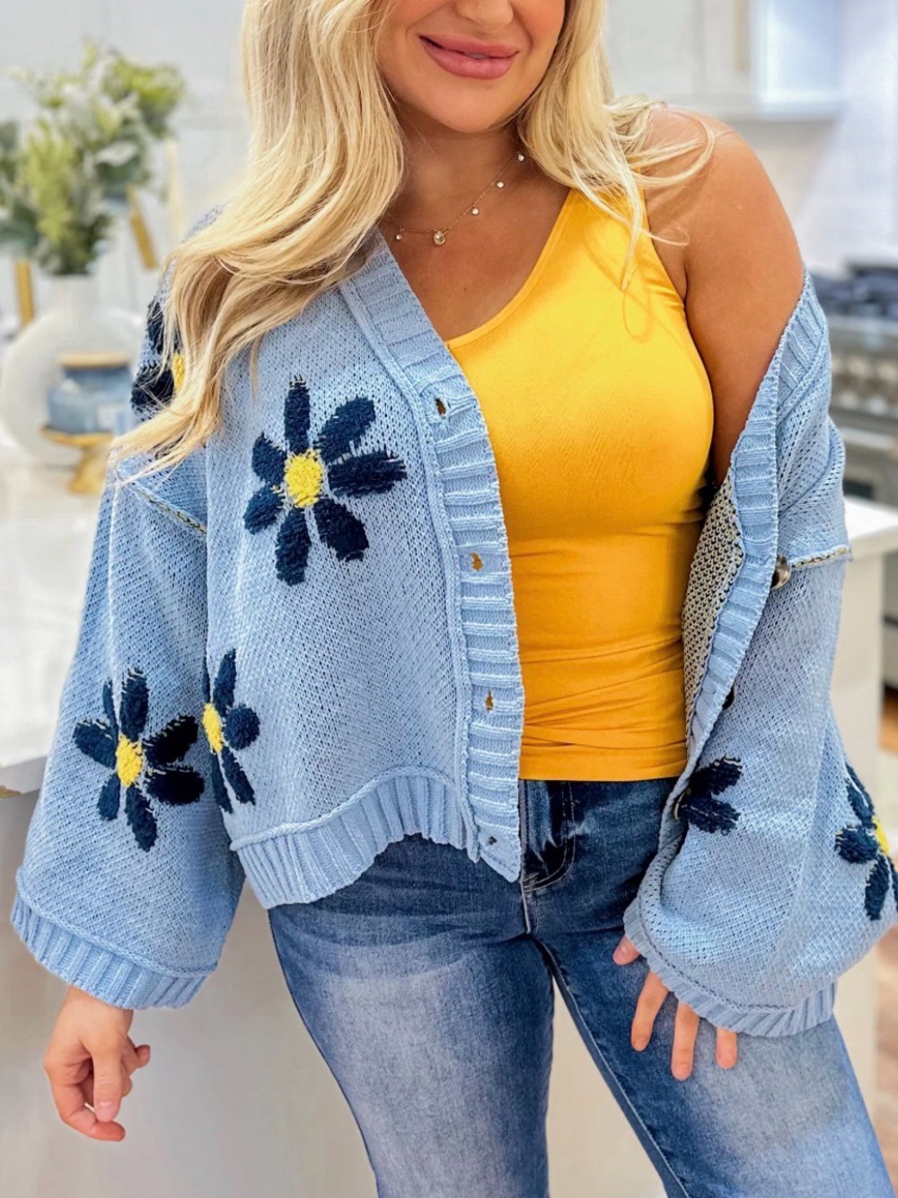 POL Oversized Light Blue Daisy Floral Knit Cardigan Sweater Small UST122 - Picture 10 of 10